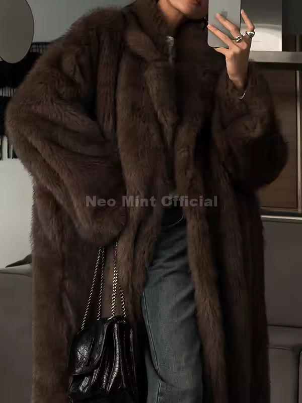 Neo Mint 2024 Winter Warm Fluffy Gradient Eco Fur Jacket Women Luxury Long Faux Fox Fur Coat Street Furry Outerwear Overcoat - Image 3