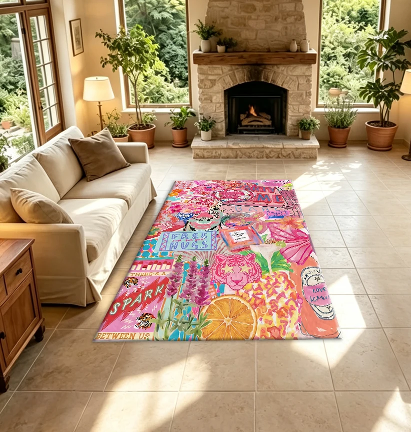 Y2K Academy-Style Collage Art Carpet, Retro Disco Tiger Pattern Fashion Element Non-Slip Carpet, Suitable for Teenage Girls' Bedroom Aesthetic Home Decor