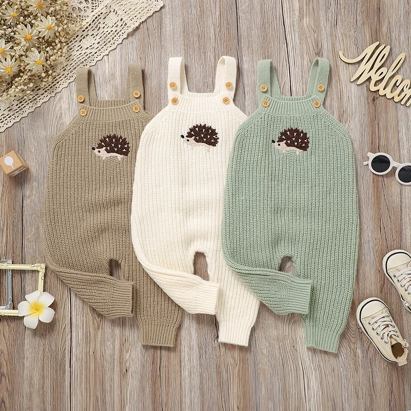 Baby Rompers Knitted Infant Boy Sling Jumpsuit Cute Embroidered Hedgehog Newborn Kid Clothing 0-18M Sleeveless Overalls Playsuit