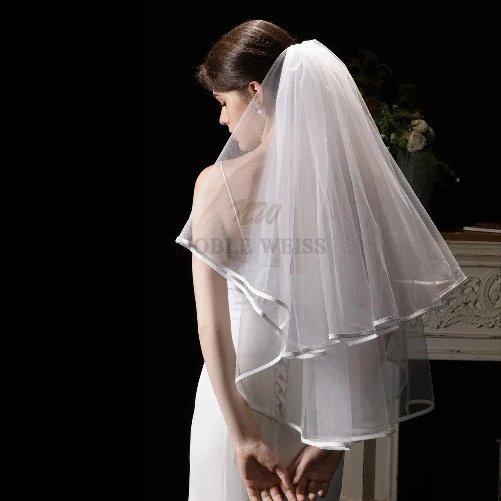 

2T Satin Edge Wedding Veil Cover Face Bridal Veils With Comb Cheap Short Customized