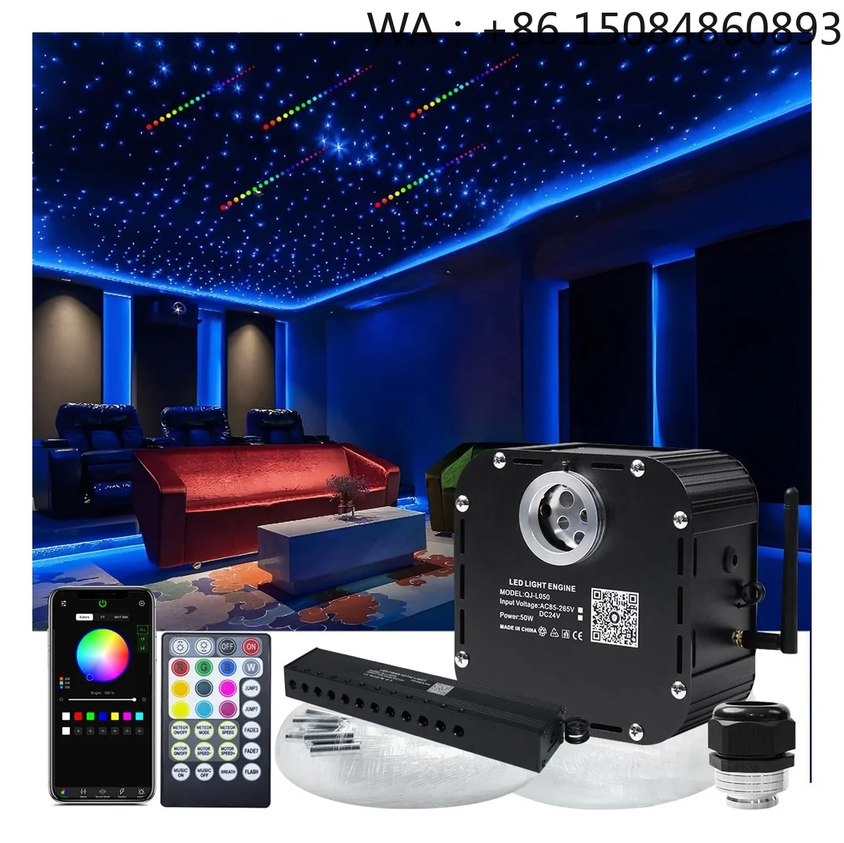 DC24V 50W High Brightness RGBW Flashing Fiber Optic Star Kit Meteor Sound APP Remote Control Home Roof Ceiling Light