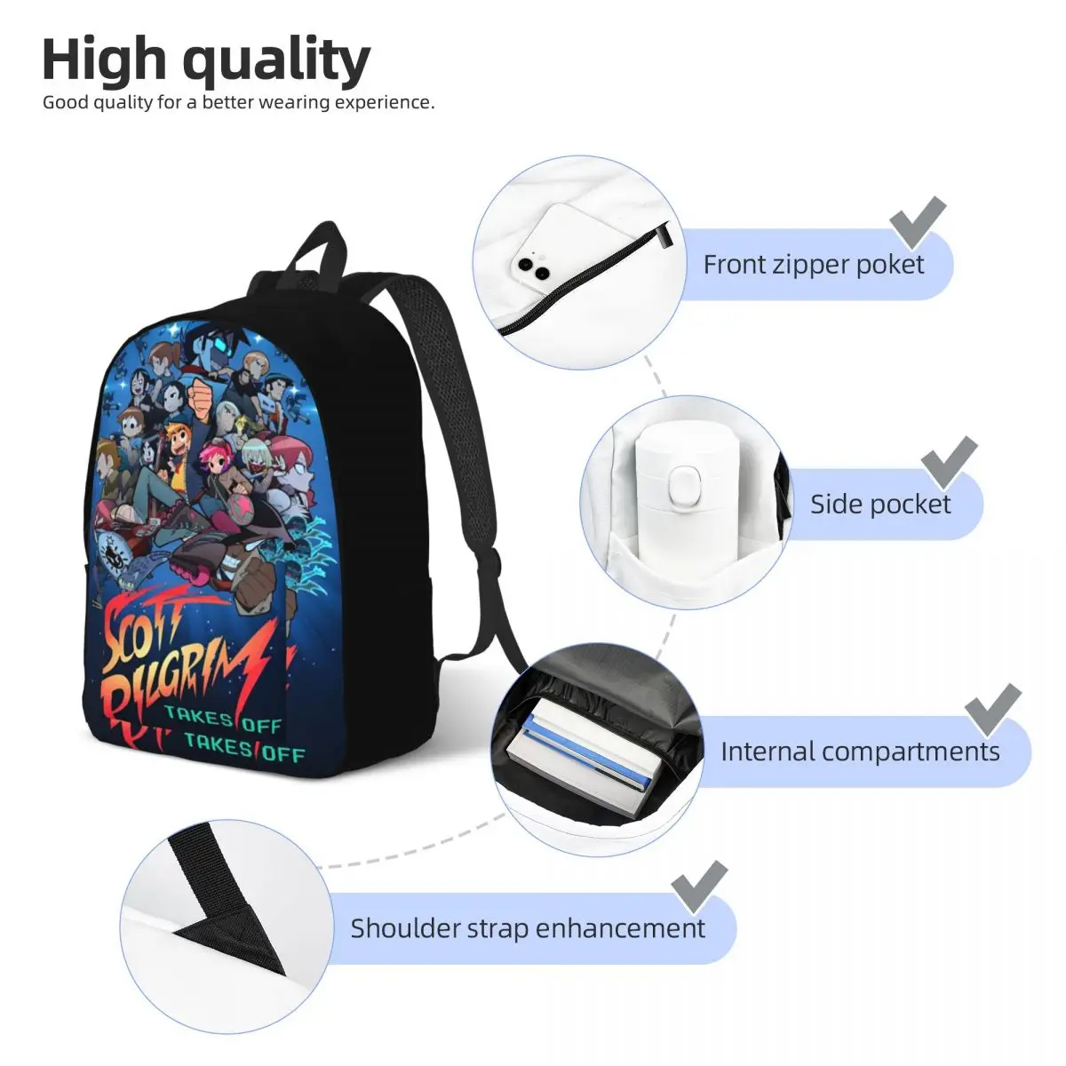 Scott Pilgrim Takes Off-Mochila clásica con bolsillo para hombre y mujer, bolso de hombro para ordenador portátil, escuela secundaria, negocios, fantasía, Daypack