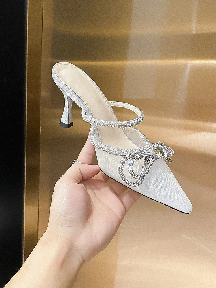 

Summer Bow-knot Slingback Fine Heel Slippers Pointed Toe Slip On Female Pumps Crystal Wild Shoes for Women