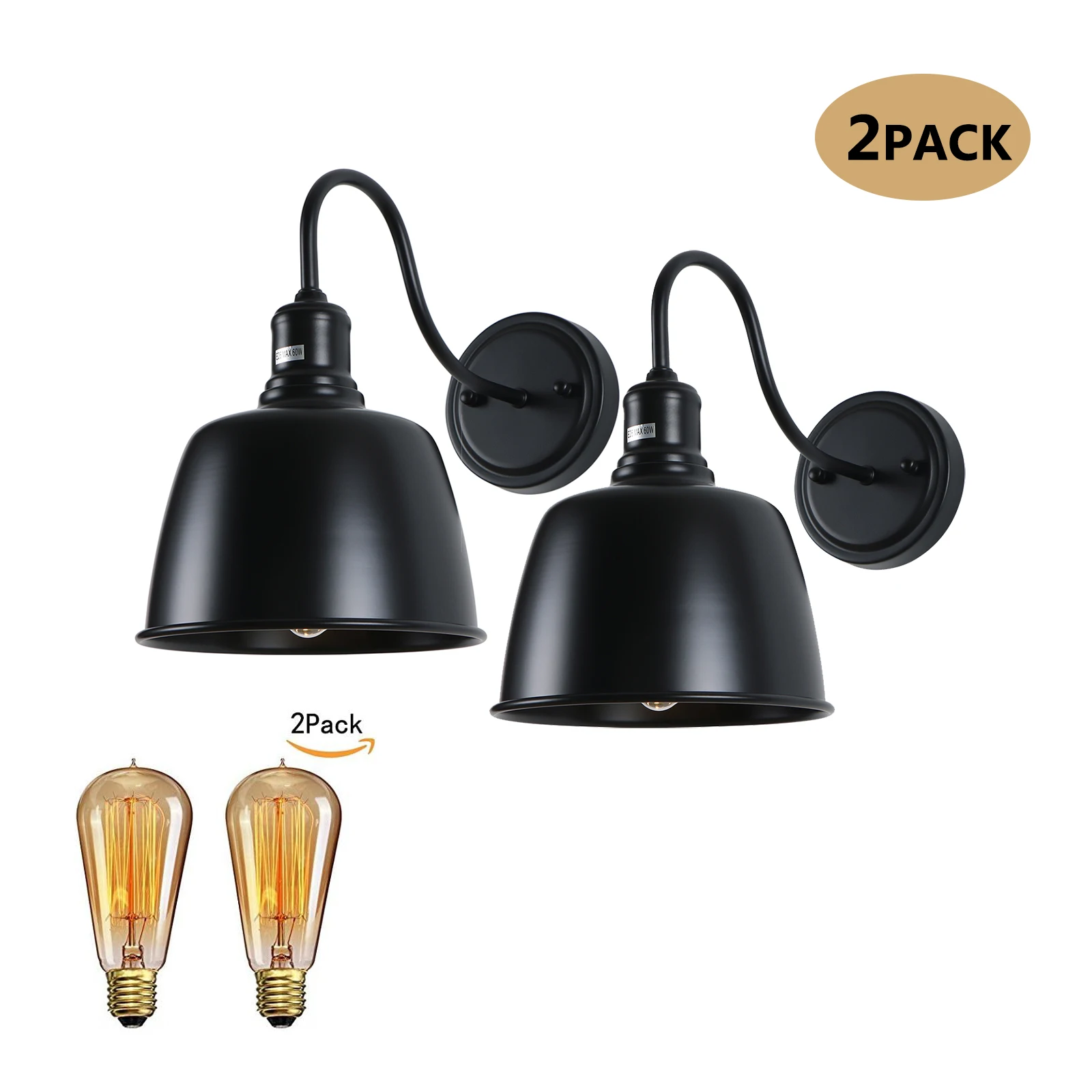 Set of 2 Wall Lights, Black Shade with Metallic Luster, Durable Iron, UL-certified, Perfect for Bedroom, Living Room, or Office