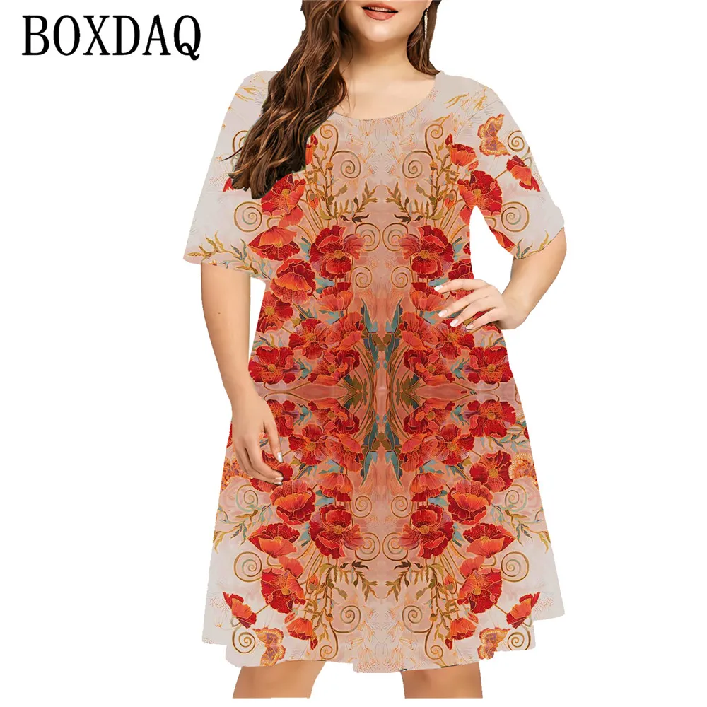 6XL Plus Size Summer Dresses Women Red Flower 3D Print Dress Loose Sundress Ladies New Short Sleeve Mini Dress Casual Large Size