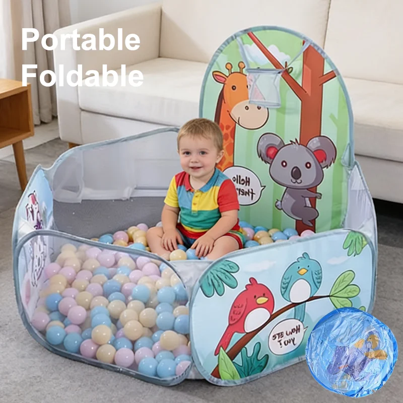 Piscina de pelotas de dibujos animados para niños, 120cm, con aro de baloncesto, parque infantil plegable portátil, tienda de juegos, juguete educativo deportivo para bebés