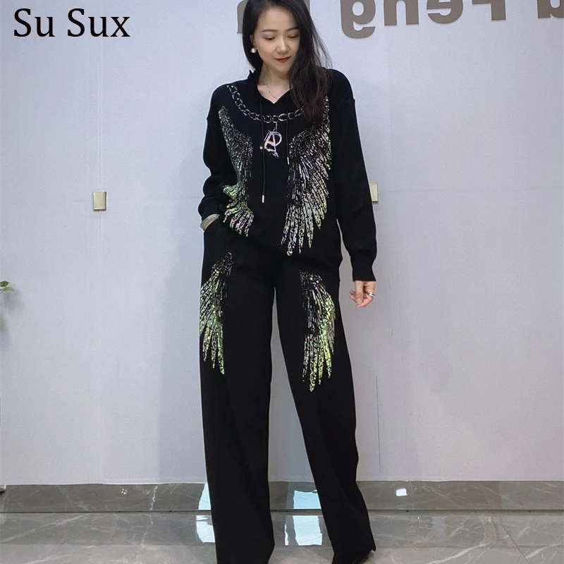 Sequins Knitted Hooded Sweatshirt 2 Piece Sets Women Oversized Wide Leg Pants Sets Y2k Clothes 2024 Autumn Winter