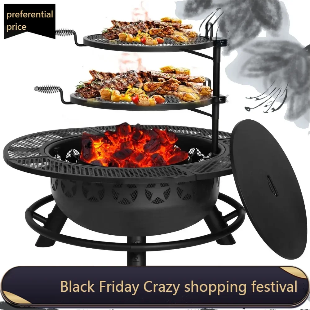 35 Inch Fire Pit with Cooking Grate & Charcoal Pan, Outdoor Wood Burning BBQ Grill Firepit Bowl with Cover Lid, Steel Round