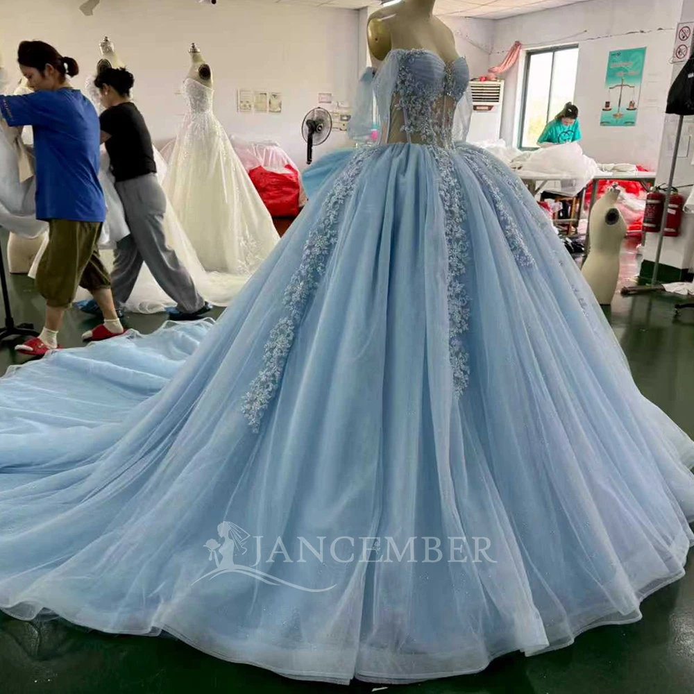 블루 프린세스 볼 가운 킨세아녜라 드레스 반짝이는 스쿱 레이스 생일 파티 맞춤형 우아한 파티 드레스