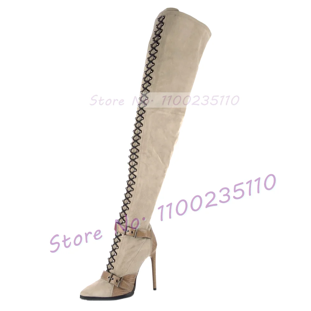 Grey Suede Cross Straps Thigh High Boots Women Sexy Ankle Buckle Strap High Heels Boots Ladies Elegant Side-zip Mixed Color Shoe