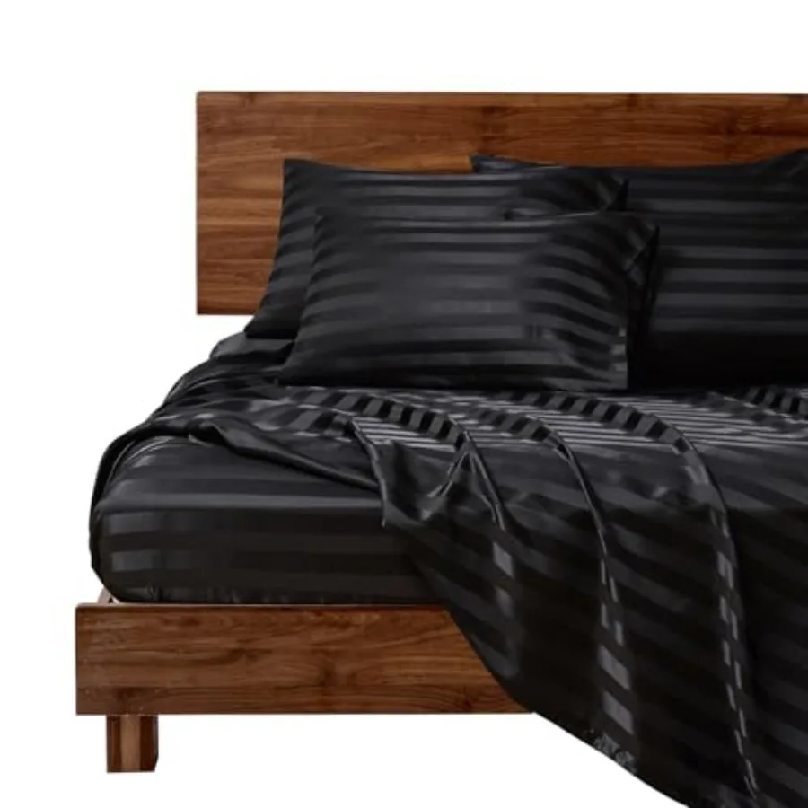 

Satin Bed Sheets Size Sheets Set 6 Pcs Silky Bedding Set with 15 Inch Deep Pocket for Mattress Black Striped