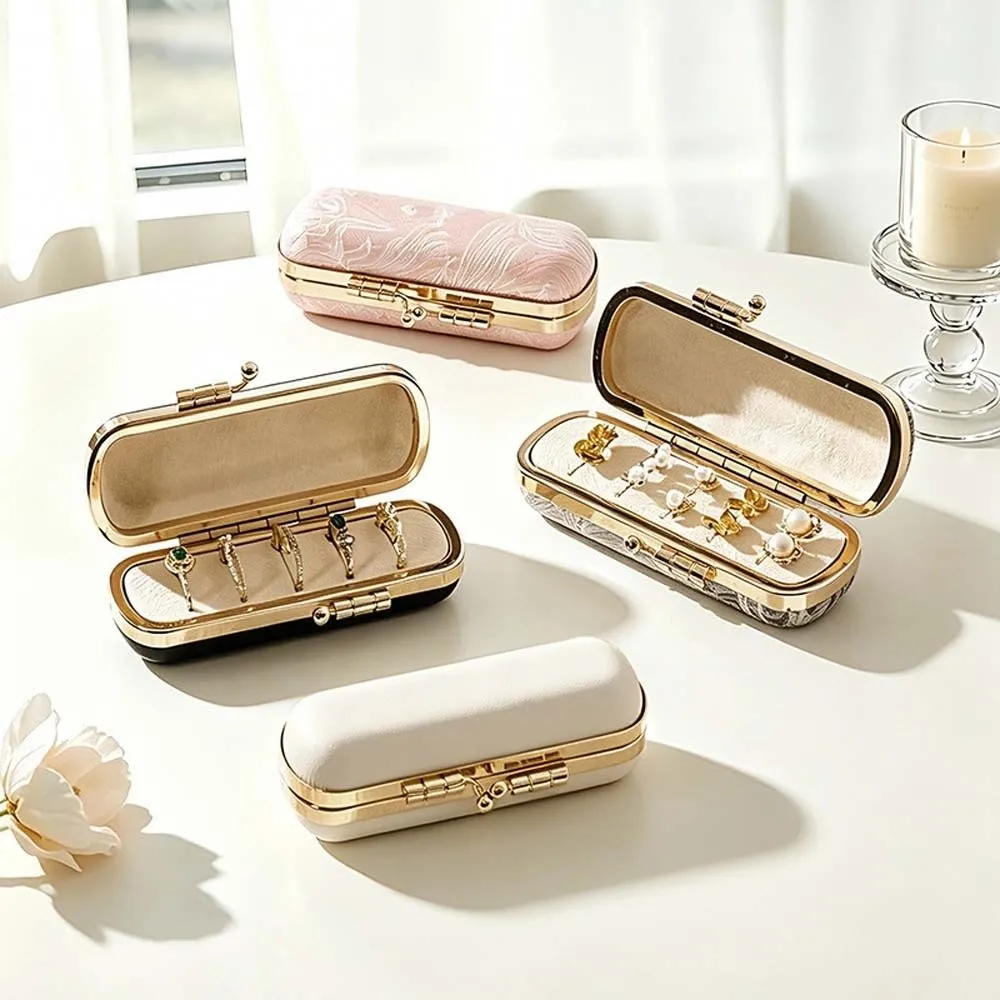 Kiss Lock Clasp Mini Ring Box Gold Metallic Trim Velvet Slots Lining Travel Jewelry Case Sturdy Hardware Frame
