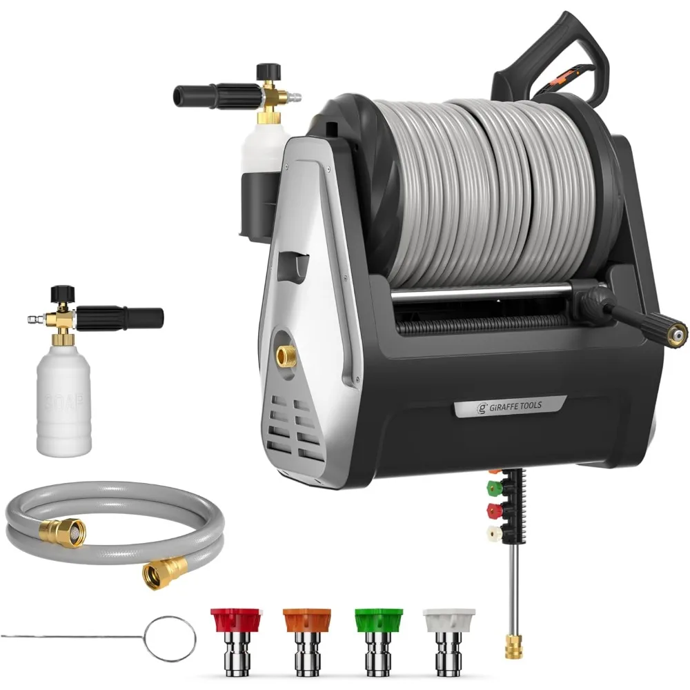 Grandfalls Pressure Washer, Max 2400 PSI, 2.0 GPM Electric Wall Mounted Power Washer with 100ft Grey Retractable Pressure Hose