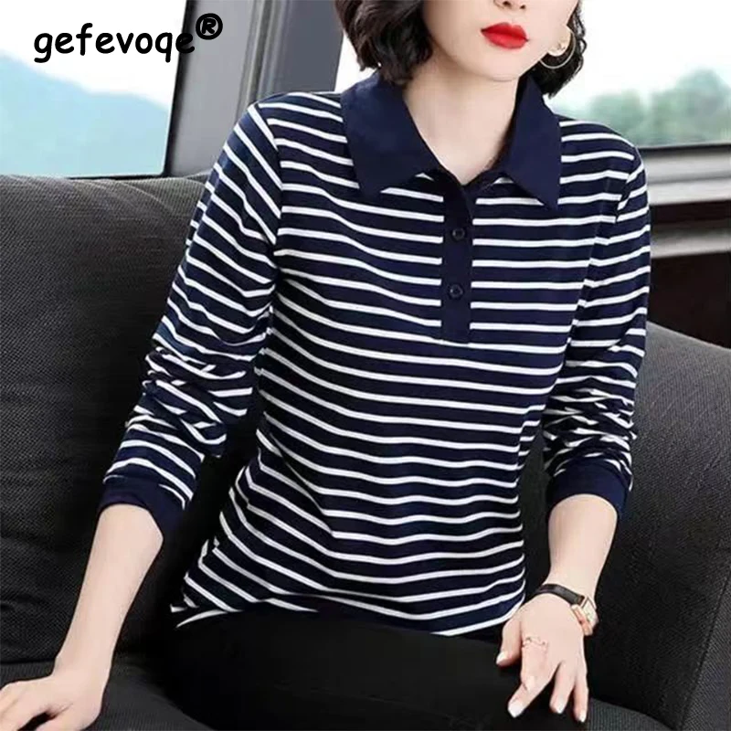 Autumn Winter Lapel Pure Cotton Striped Print T-shirt Lady Long Sleeve Loose Casual Pullover Top Women 5XL Simple All-match Tees