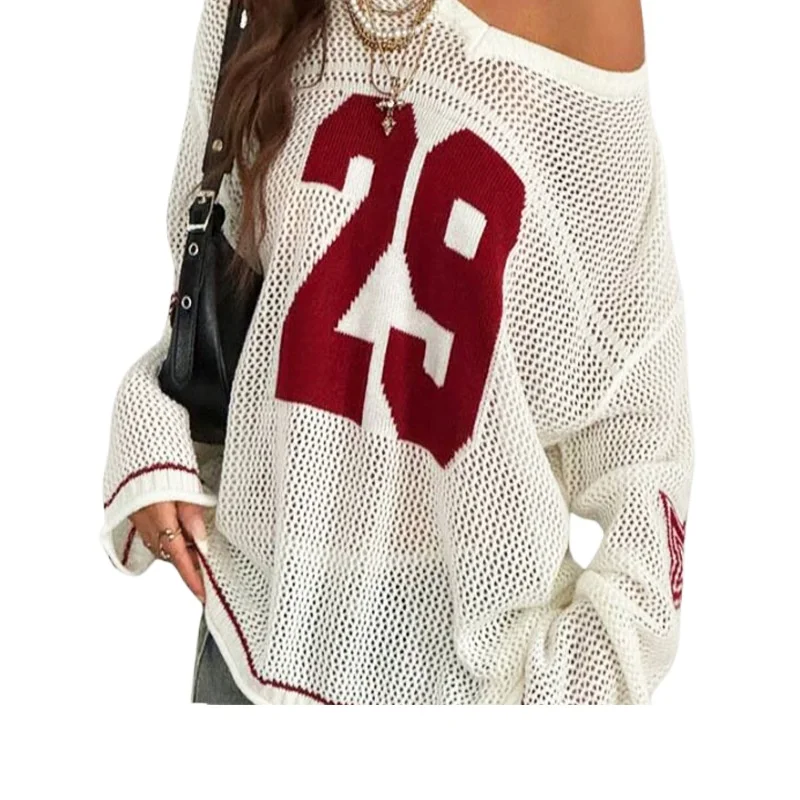 Cross-border Europe, America, Amazon Tide Brand Saint The Same Printed Hollow Mesh Long-sleeved T-shirt for Women Street Hipster
