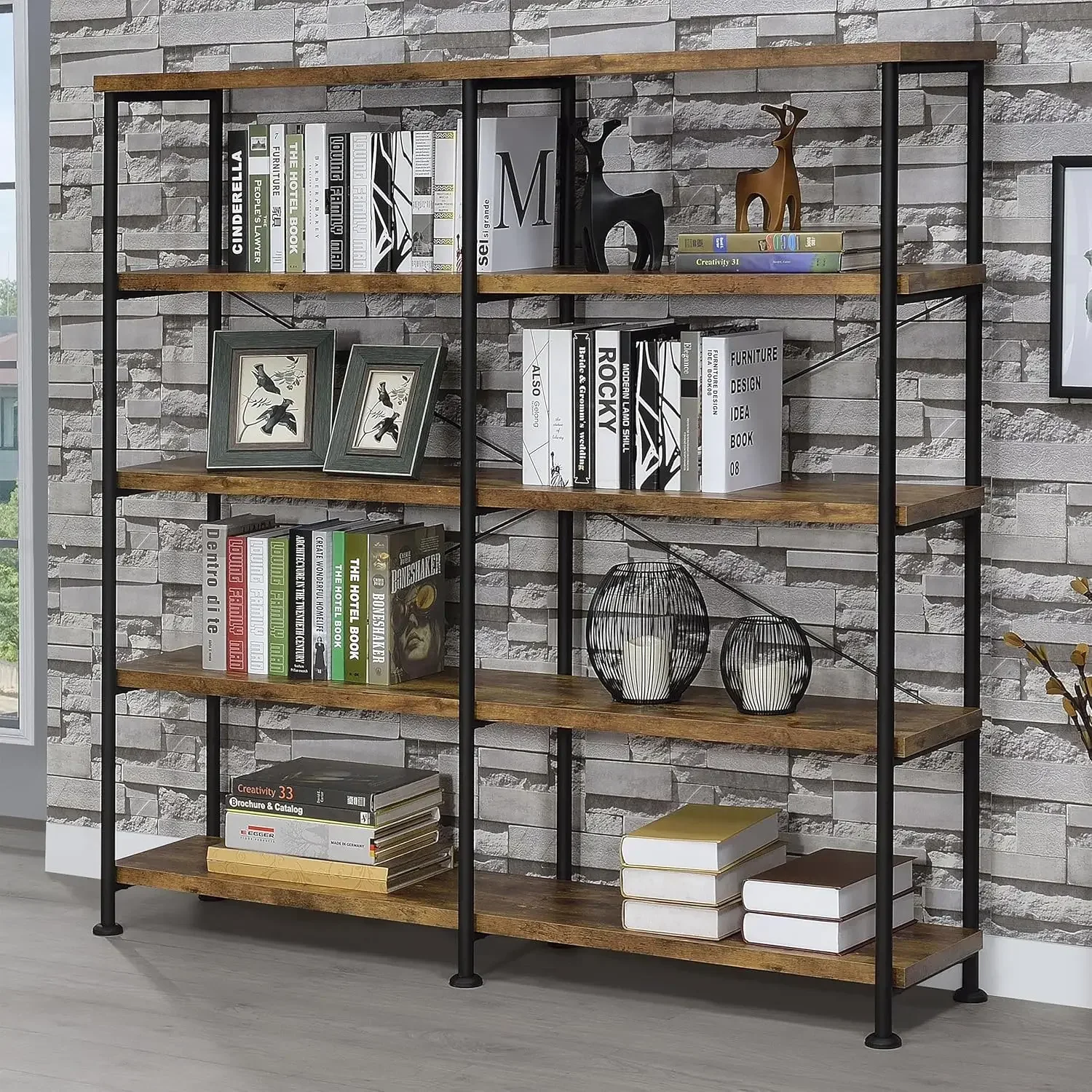 Coaster Home Furnishings Analiese Rustic Industrial 4-Tier Double Bookcase Etagere Bookshelf Office Storage Book Shelf Engineere