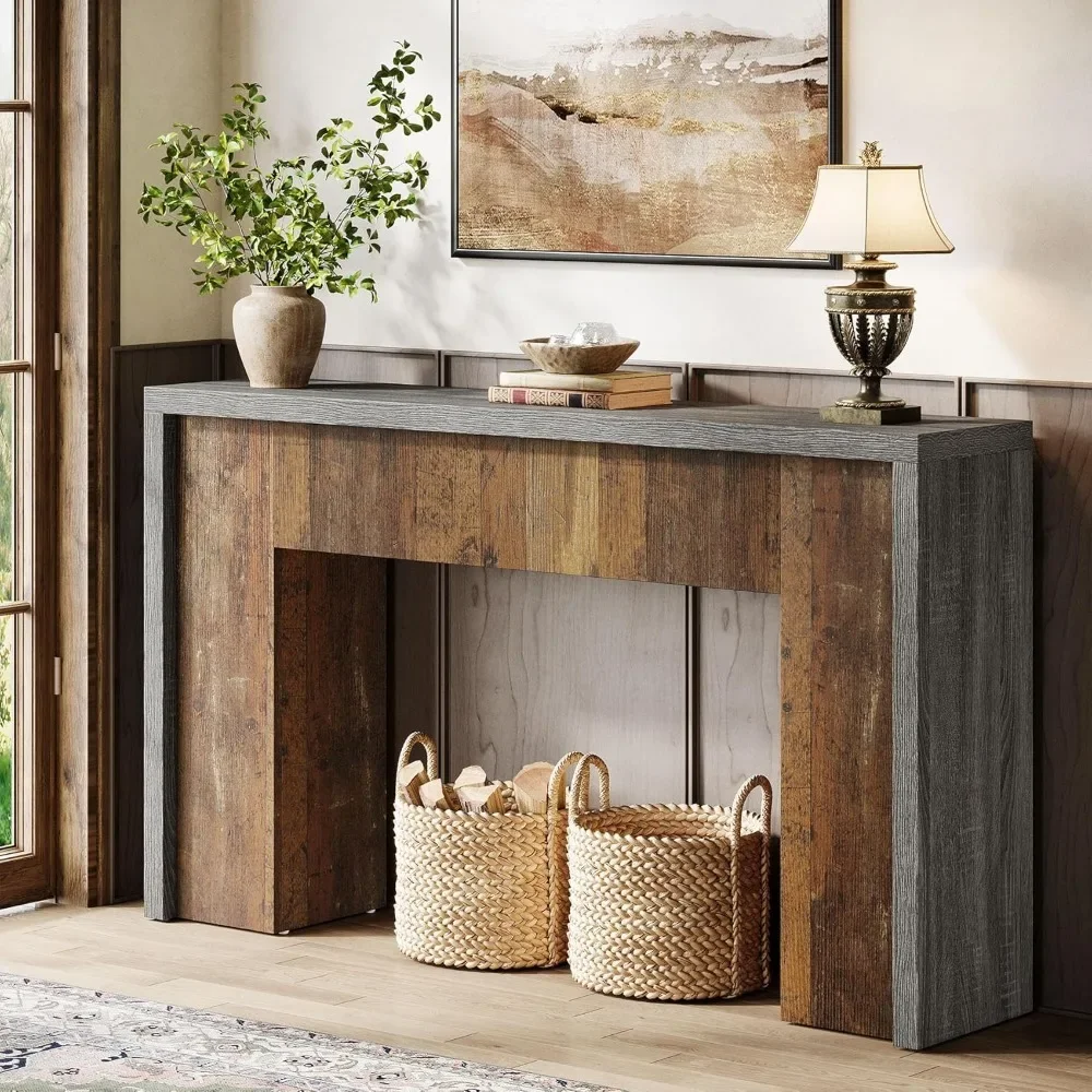 

55-Inch Console Entry Table, Farmhouse Sofa Table Behind Couch with Dual-Tone Design, Rustic Foyer Table for Hallway Entrance