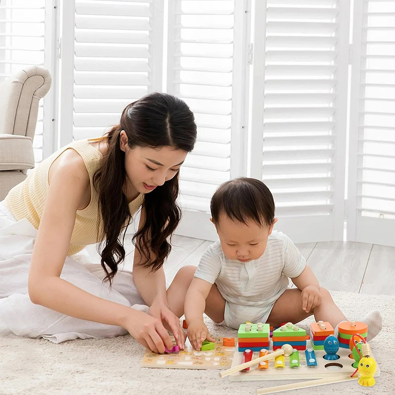 Drewniane zabawki edukacyjne Montessori dla dzieci 1-2 lat, sorter kształtów i kolorów, puzzle z klocków, duże geometryczne zabawki do układania dla maluchów.
