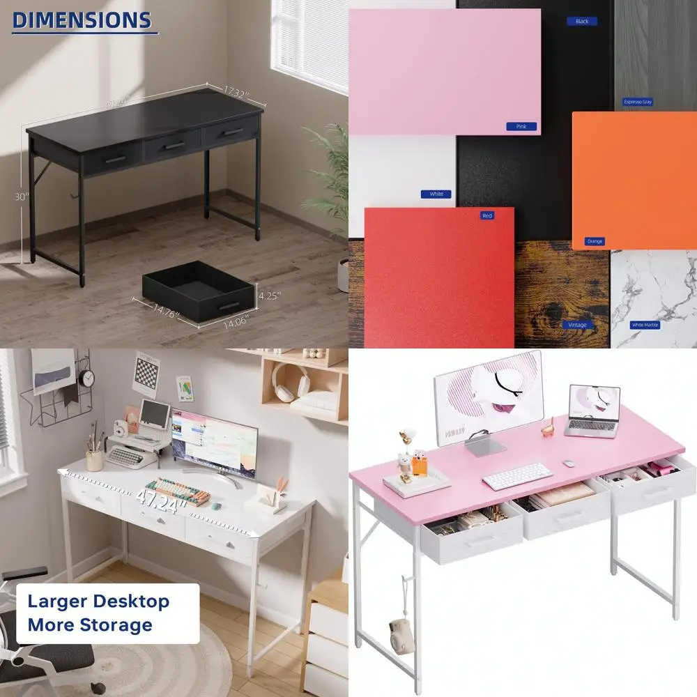 

Compact 47 Pink Desk with 3 Drawers for Bedroom, Study, or Home Office in Small Spaces