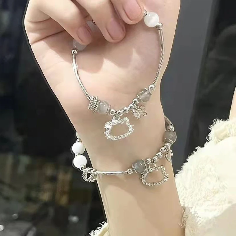 Sanrio Hello Kitty Y2K Bracelets Bow Knot Anime Kawaii My Melody Silver Moonlight Stone Women'S Girls Jewelry Accessories Gifts