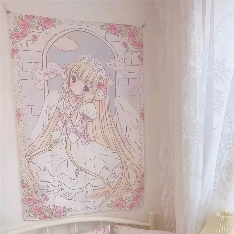 Engel Mädchen Wandteppich Rosa und Gold Spitze Taube Bogen Anime Stil Schlafzimmer Dekoration Ins Stil Wandteppich Home Dekoration