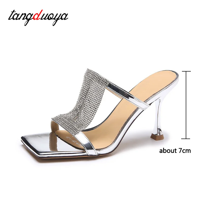 rhinestone gold silver Sequine Thin heel Slippers Women Wedge Slides Slippe0rs Summer Beach Slippers Casual Mules Heels Sandals