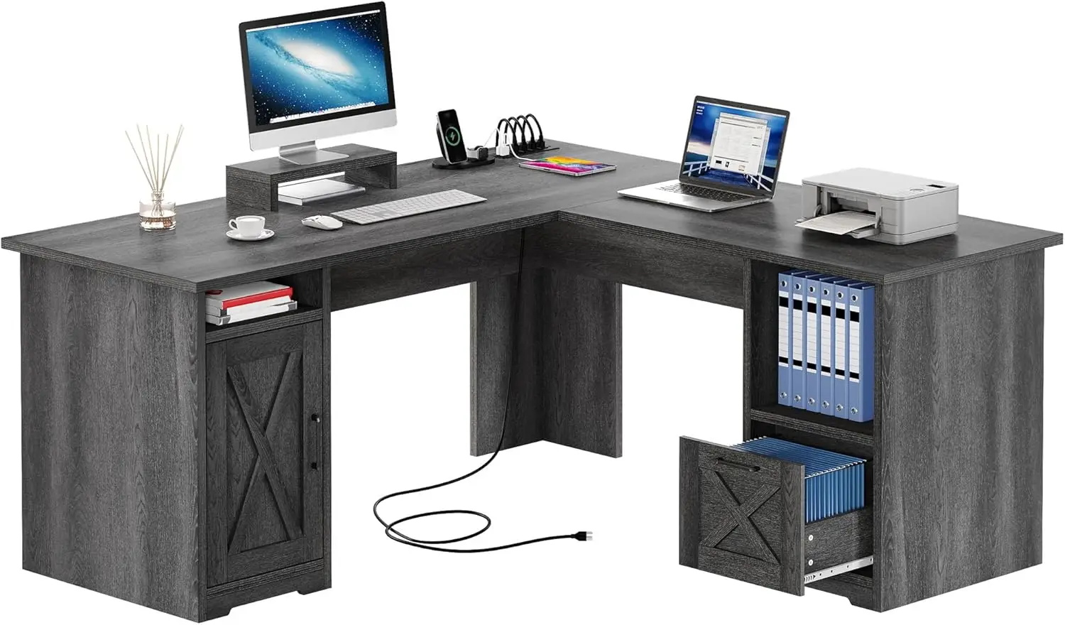 

L-Shaped Desk with Power Outlets, 60' Computer Desk, Grey, Monitor Stand & Storage Shelves