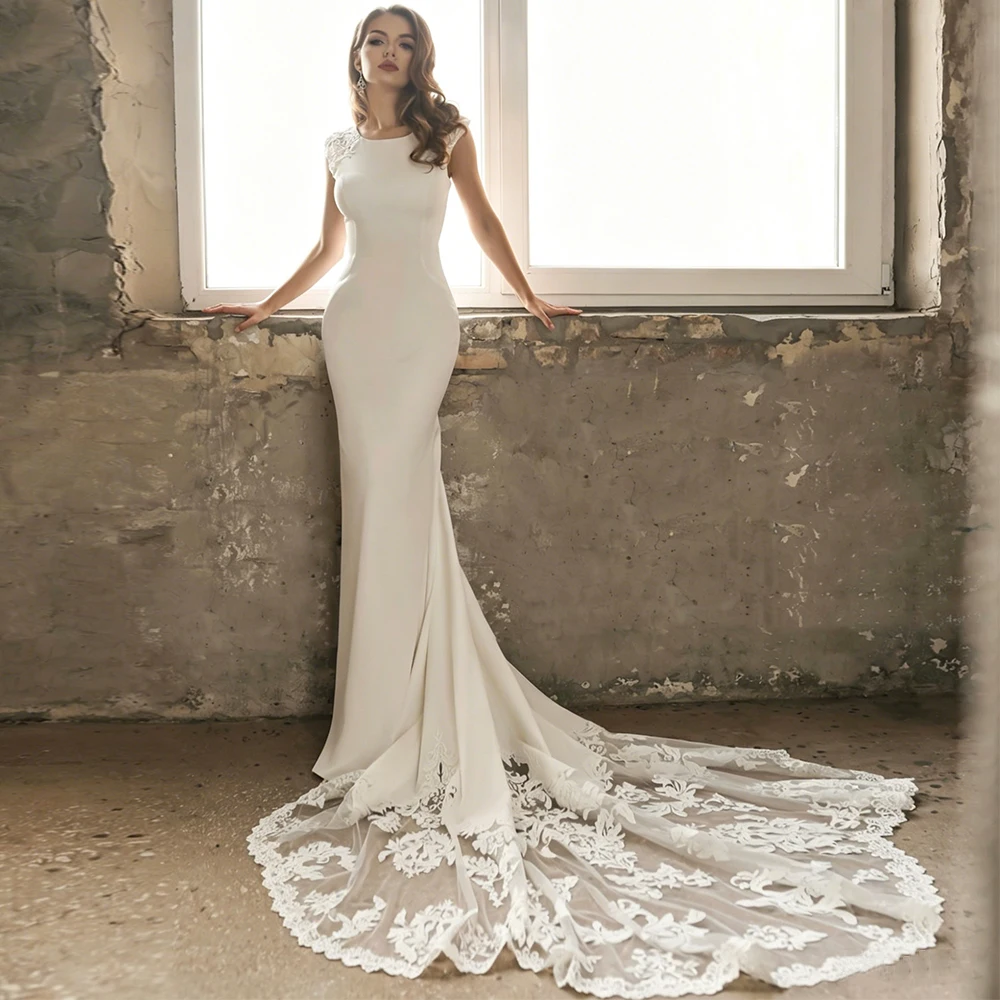 Exquisite Cap Sleeves Crew Neck Mermaid Wedding Dress With Lace Cathedral Train High Quality Jersey Bridal Gowns Customized