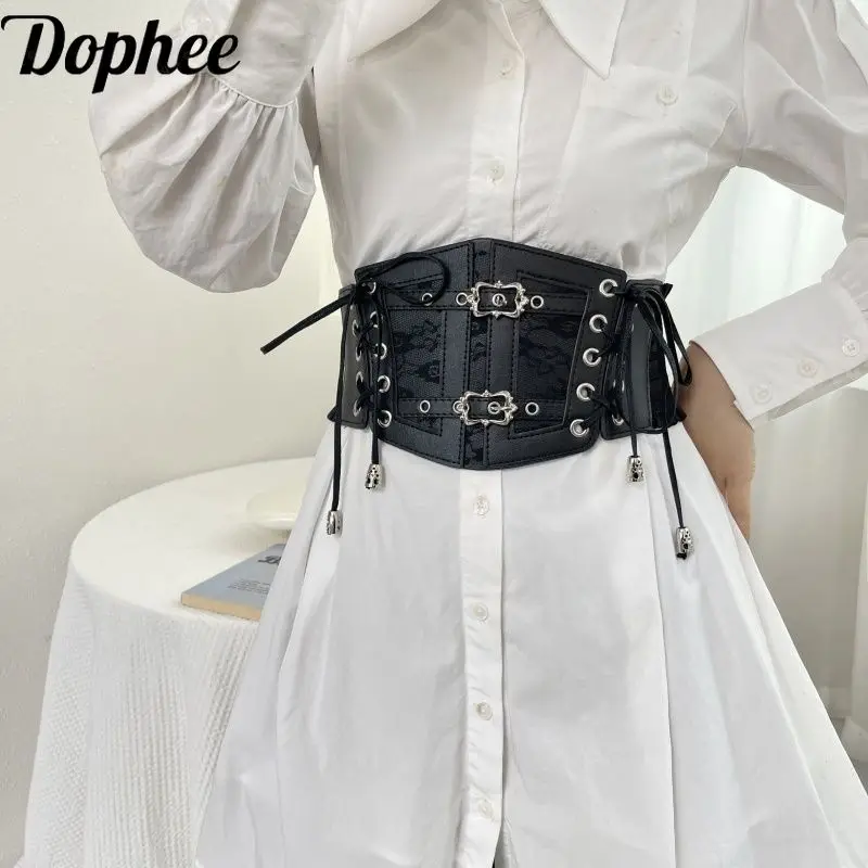 Vintage Palace Black Lace Bandage Female PU Leather Bellyband Decoration Fashion Elastic Waist Wide Waist Belt Women Waistband
