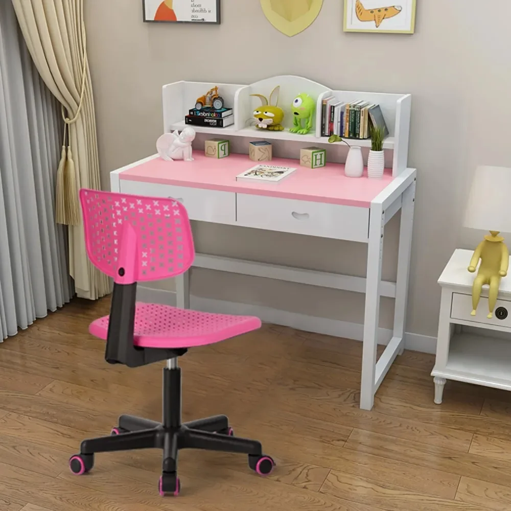 Armless Home Office Desk Chair W/ Comfy Low Back Lumbar Support,  Computer Task W/ 360° Swivel Wheels, for Small Space, Pink