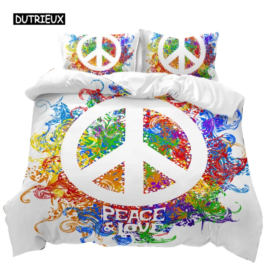 Peace and Love Duvet Cover Set Colorful Peace Sign Bedding Set for Boys Girls Rainbow Tie Dye King Polyester Comforter Cover