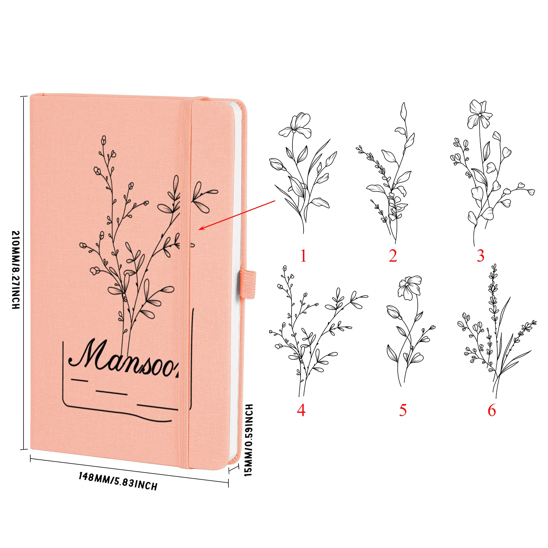 Lined A5 Notebook Writing Pads Custom Name Letter Note Book with Flower Decor Personality Name Art Design PU Leather Journal