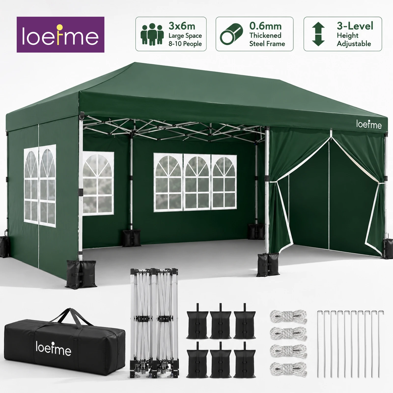 LOEFME Tonnelle Pliante Portable 3x6M, Abri Extérieur Imperméable et Coupe-Vent, Grande Tente à Auvent, Montage Facile, Structure Robuste, Protection UV, 6 Parois Latérales, Idéale pour Jardin, Camping, Terrasse, Fêtes, Marchés, Pique-niques, Événements Extérieurs