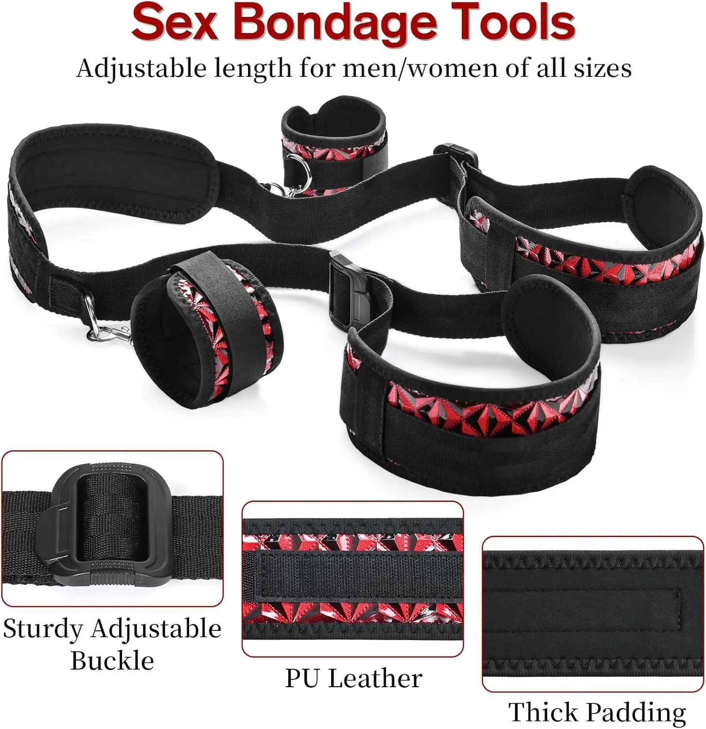 

BDSM Sex Bondage Thigh Sling, PU Leather Bed Restraints Kit, Adjustable Red Leg Straps&Handcuffs for SM Adult Couples Game Play