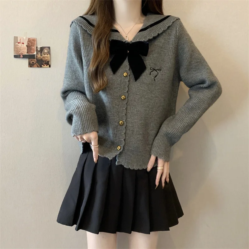 Doce camisola de malha cardigan casaco gola marinha nó macio plus size faculdade sle primavera outono thiened cordeiro veludo