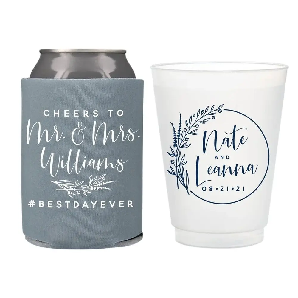 

Can Cooler & Frosted Cup Package #140 - Cheers to The Mr and Mrs - Custom - Party Favor, Wedding Favor Package, Wedding Favors,