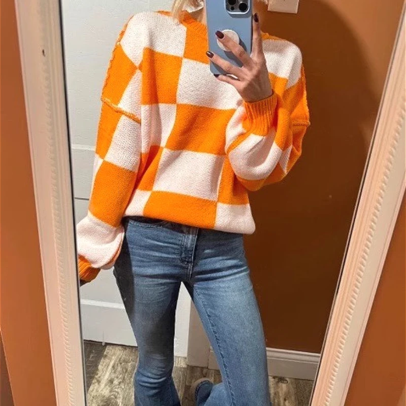 

Women Knitted Pullover Sweaters Plaid Jumpers Color Blocked Spliced Round Neck Long Sleeves Loose Fit Casual 2025 Autumn Winter