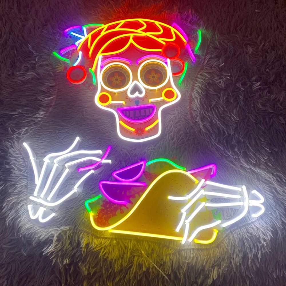 Taco Sugar Skull Mexican Neon Sign Tacos Party Bar Wall Decor Led Neon Light for Restaurant Mexican Tacos Shop Custom Neon Signs