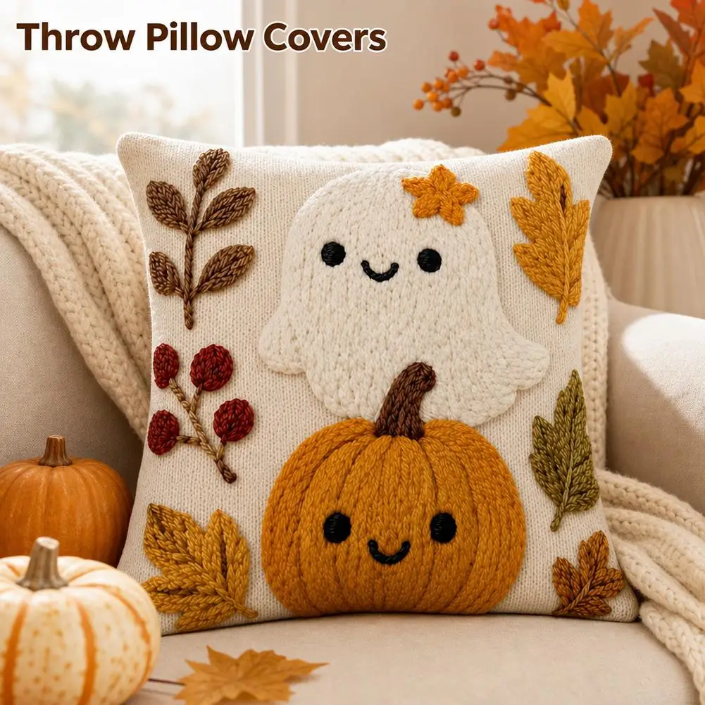 2D Flat Print Autumn Cartoon Halloween Rustic Throw Pillow Covers, Cute Ghost Pumpkin Maple Leaf Cushion Covers
