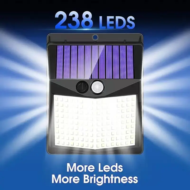 

238 светодиодный солнечный свет для улицы, супер яркий, 3 режима освещения с датчиком движения, водонепроницаемый, от сумерения до рассвета для гаража, сада, уличного фонаря