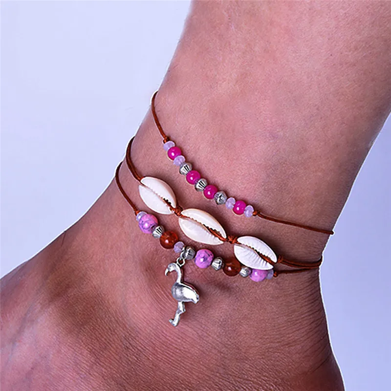 Huitan Boho Set Anklets for Women Retro Skull Shell Charm Barefoot on Leg Chain Bracelet Accessories Unique Girls Foot Jewelry