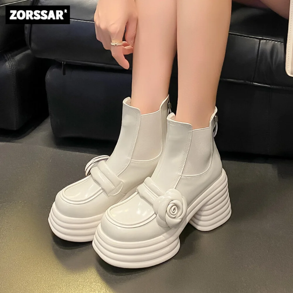 Lovely Flower White Boots Women Platform Chunky Heel Ankle Boots Fashion Buckle Gothic Style Modern Boots High Heels Short Boots