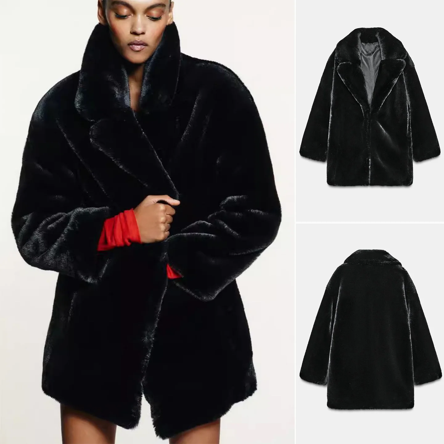 

Winter New Women's Long Sve Faux Fur Effect Coat Jaet Collarl Design Polyester Fiber 00% Sli Outerwear