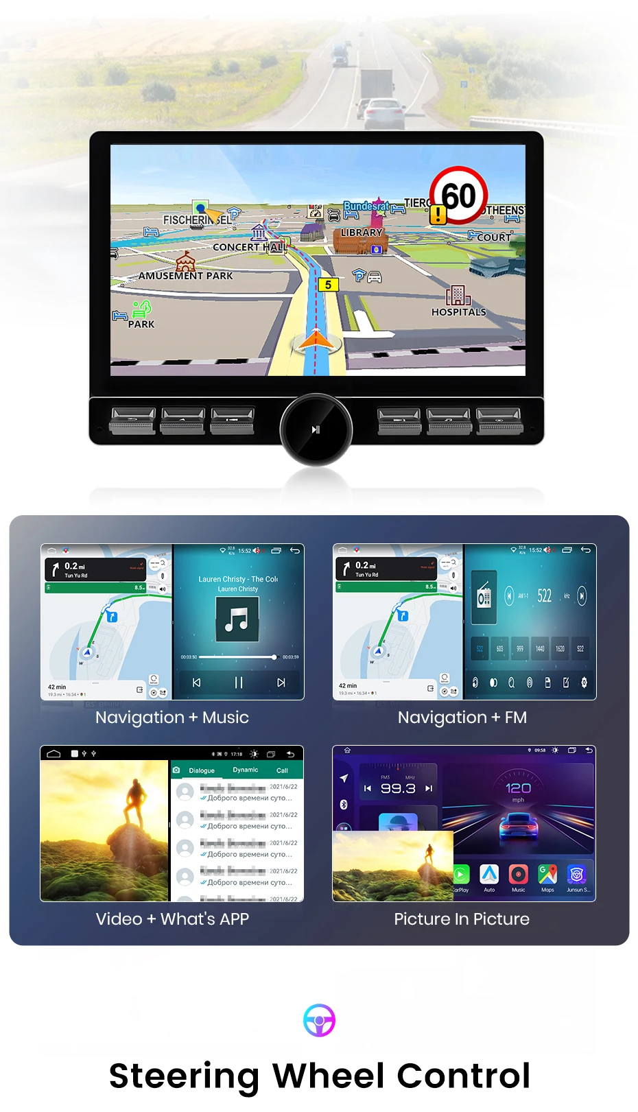 Junsun 10 Zoll drehbarer IPS-Touchscreen 1 Din Universal Wireless für Apple Carplay Android Auto Autoradio Androidauto Stereo Multimedia-Videoplayer Smart Intelligent Systems GPS-Navigation Head Unit Autoradio WIFI BT 4G WIFI FM AM DSP RDS SWC – Detail 13