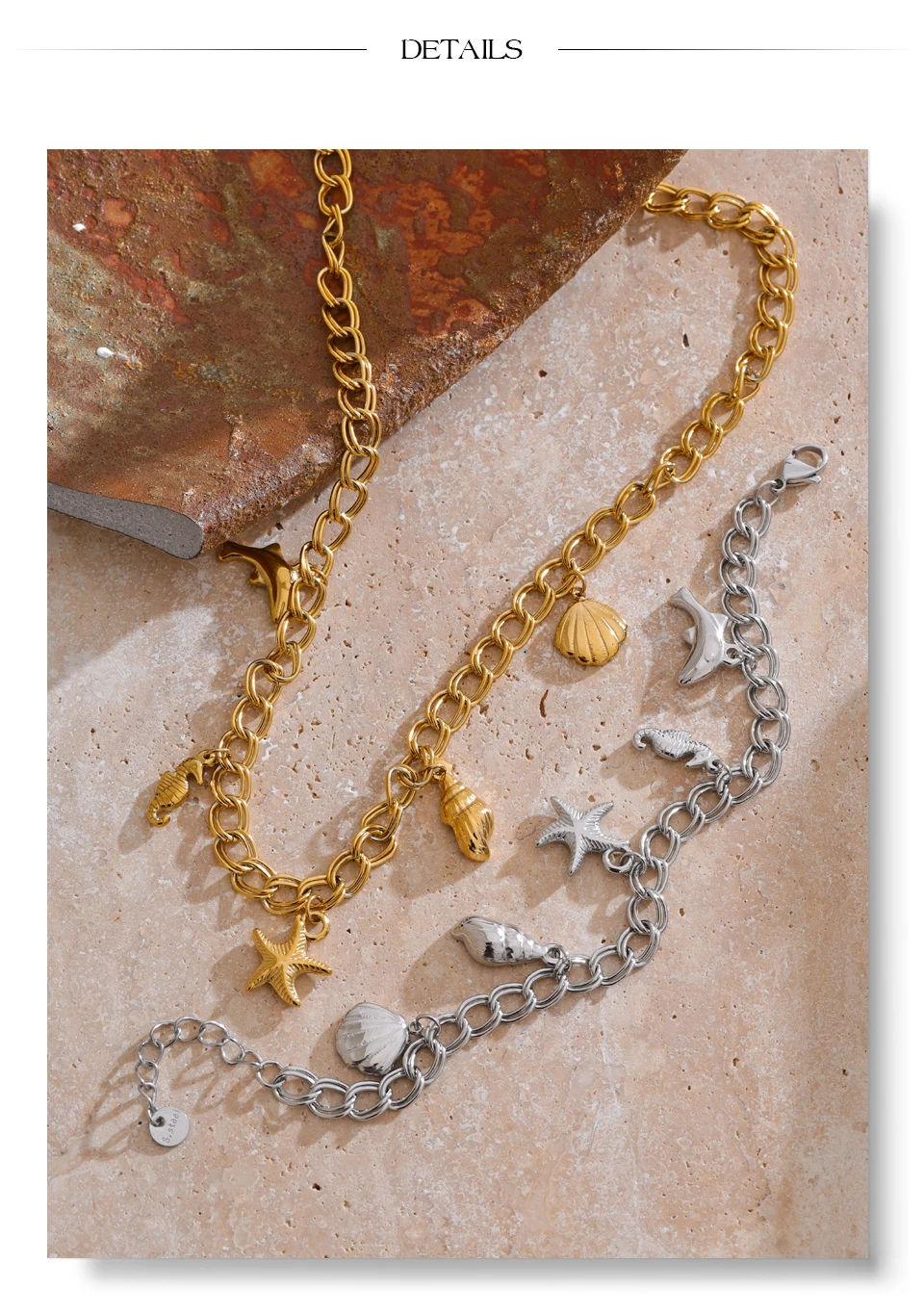 Yhpup Ocean Style Stainless Steel Seashell Conch Starfish Seahorse Drop Necklace Bracelet Bangle Waterproof Summer Daily Jewelry