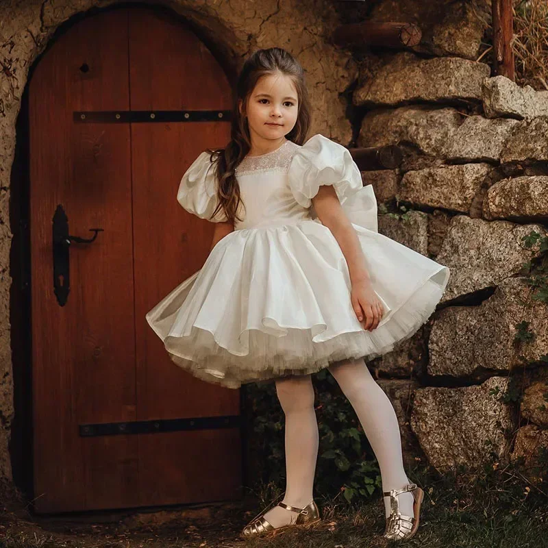 

Custom Girls Luxury Puff Sleeve Satin Short Tulle Flower Girl Dress Wedding Party Gown Birthday Party Pageant Runway Dress