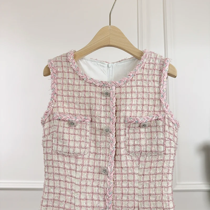 New Small Fragrance Pink Plaid Tweed Dress Women Sleeveless Multi-pocket Single-breasted Sweet French Lady Short Dress