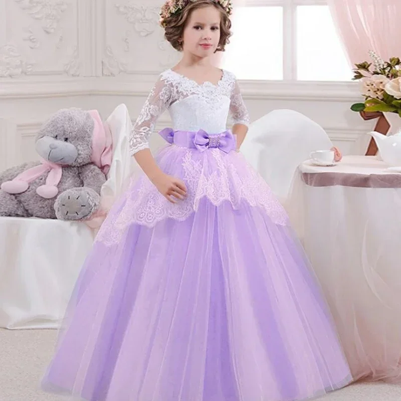 Lace Flower Girl Half Sleeve Dresses For Wedding Party Cute Tulle Girl Princess Dress Festival Long Ball Gowns