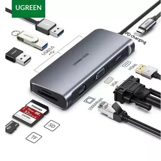UGREEN CM179 40873 9 in 1 USB C Hub HDMI VGA Gigabit Ethernet SD TF PD Docking Station Multiport Adapter for Laptop Computer view 2