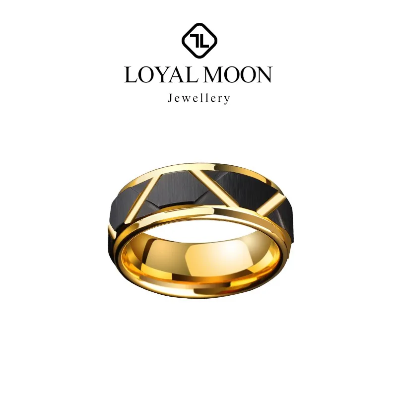 

Loyal Moon Tungsten Rings For Men Personalized Black Faceted Design Gold Plating Comfort Fit,custom Engraved Name